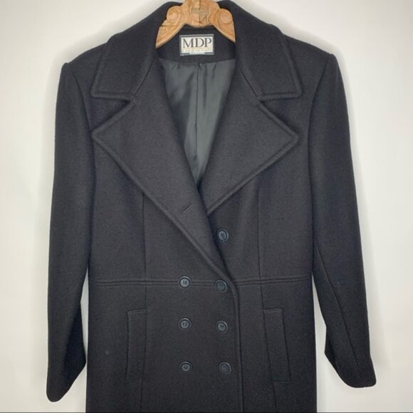 Vintage Black Double Breasted Long Wool Coat Sz M - Picture 5 of 8